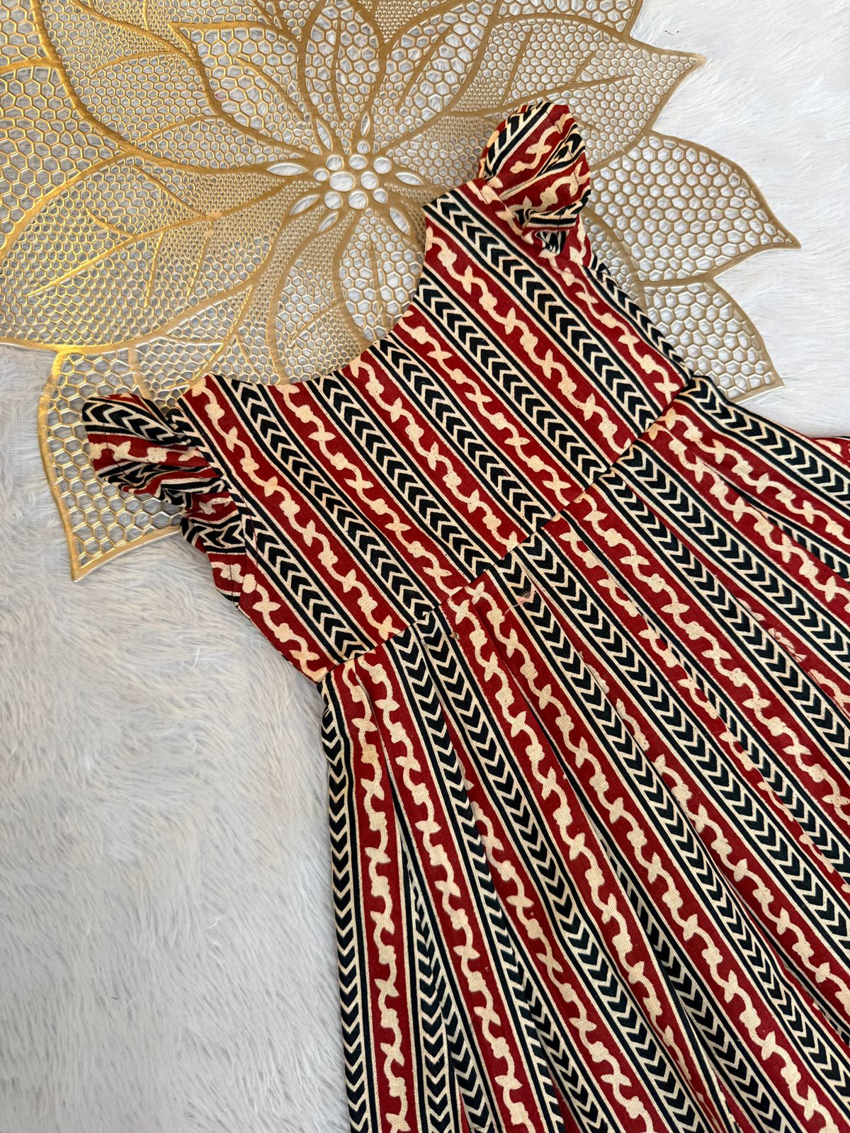 TINY DESI-FS045 AJRAKH MAROON STRIPE FROCK