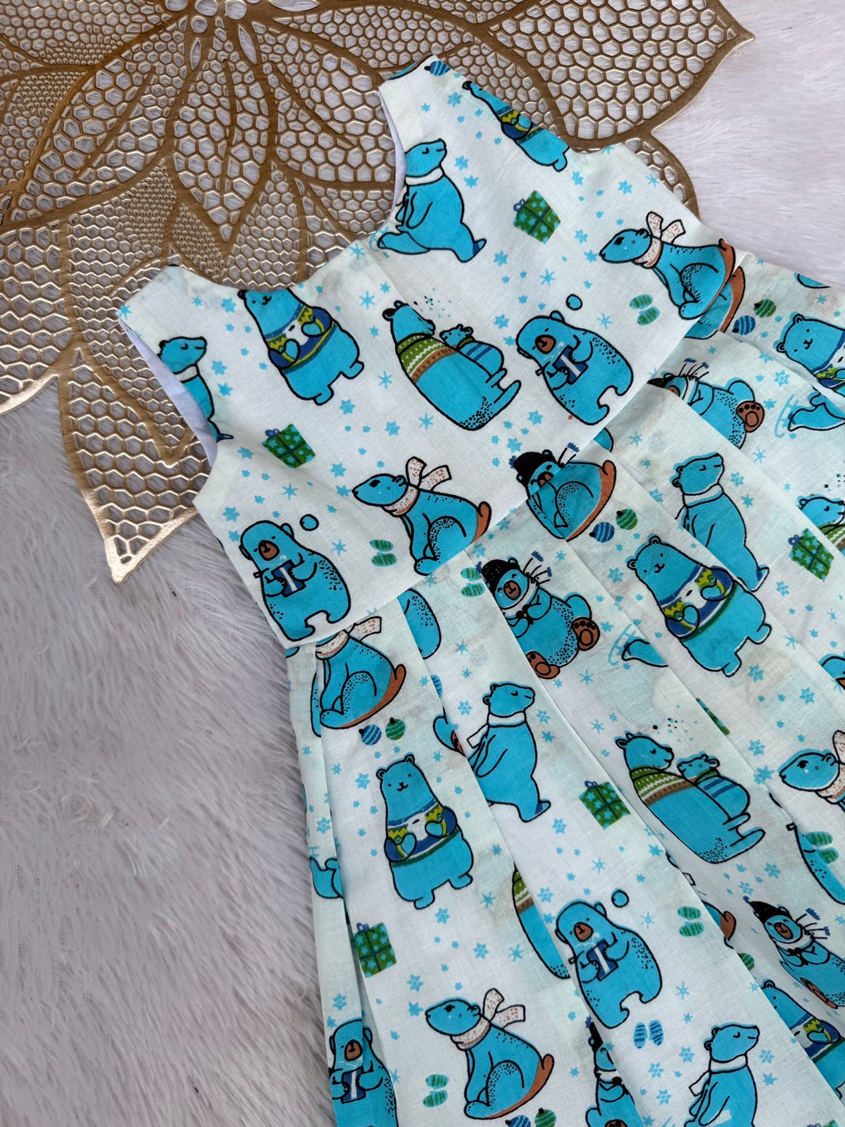 MEGA SALE -M231-  WHITE AND BLUE BEAR FROCK