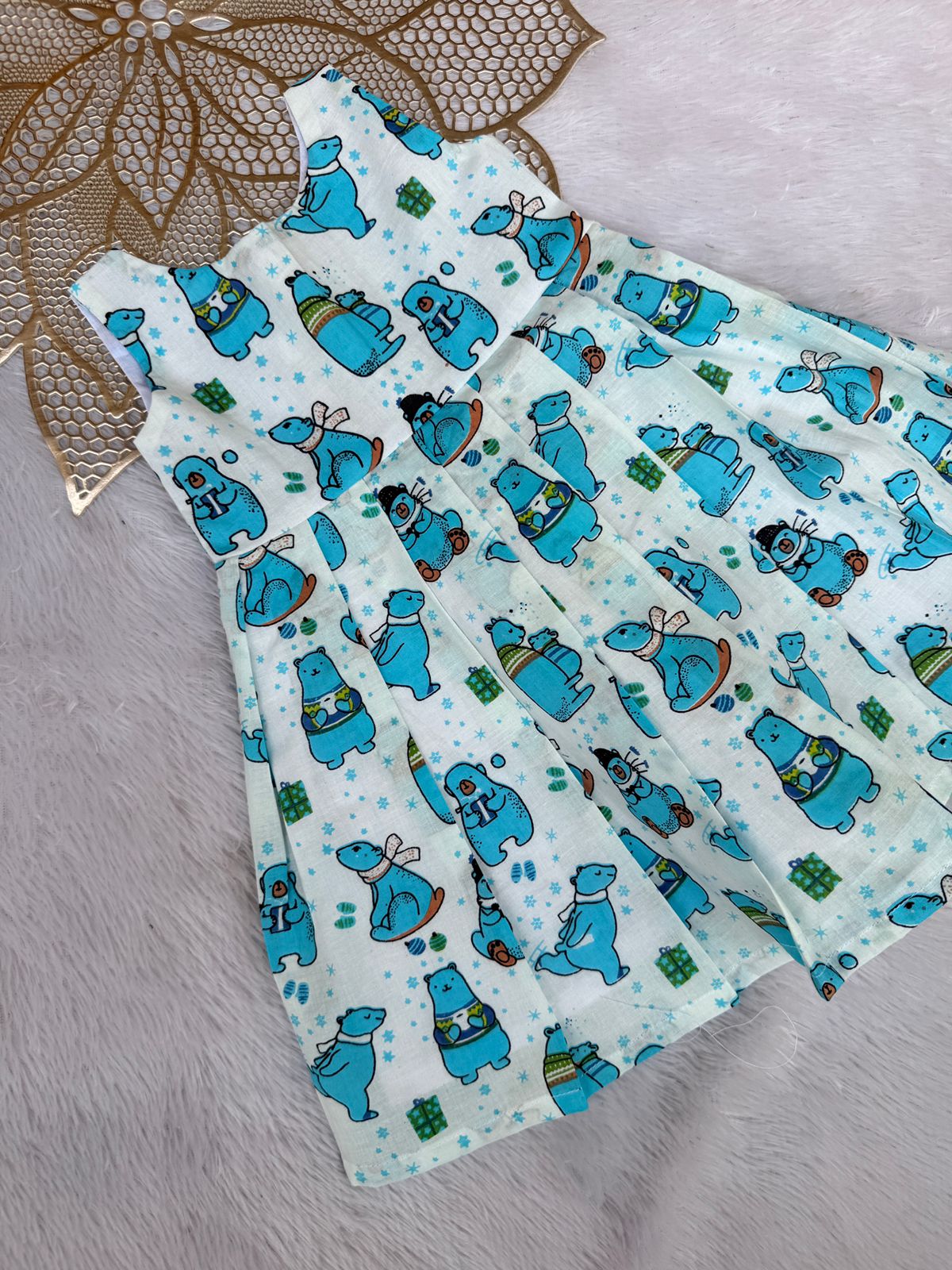 MEGA SALE -M231-  WHITE AND BLUE BEAR FROCK