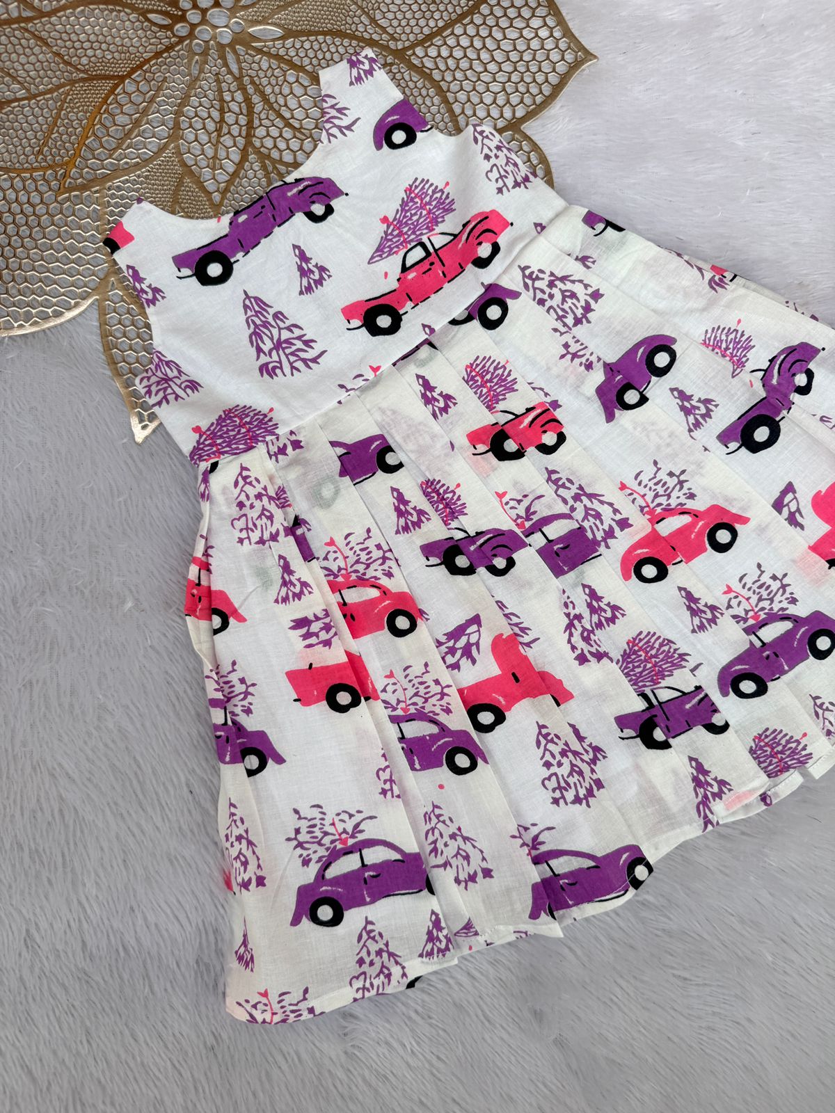 MEGA SALE -M232-  WHITE AND PINK CAR  FROCK