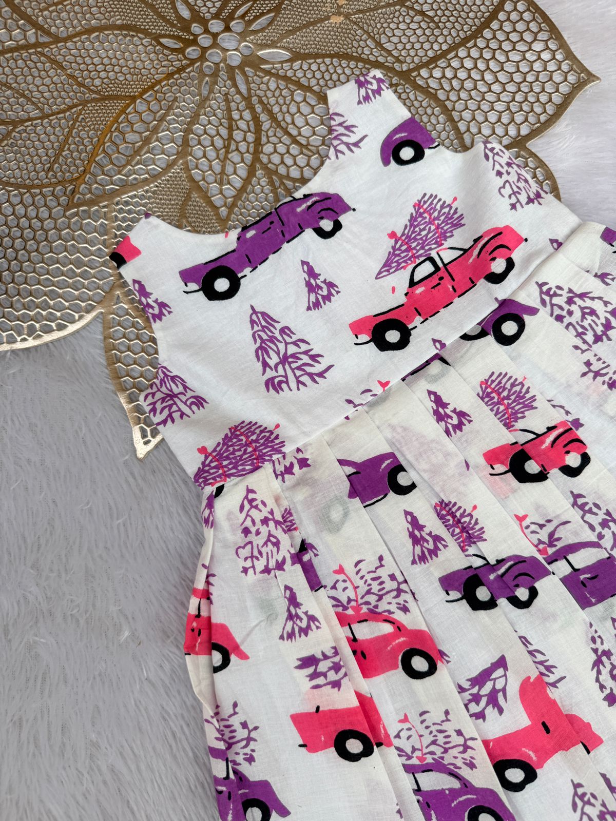 MEGA SALE -M232-  WHITE AND PINK CAR  FROCK