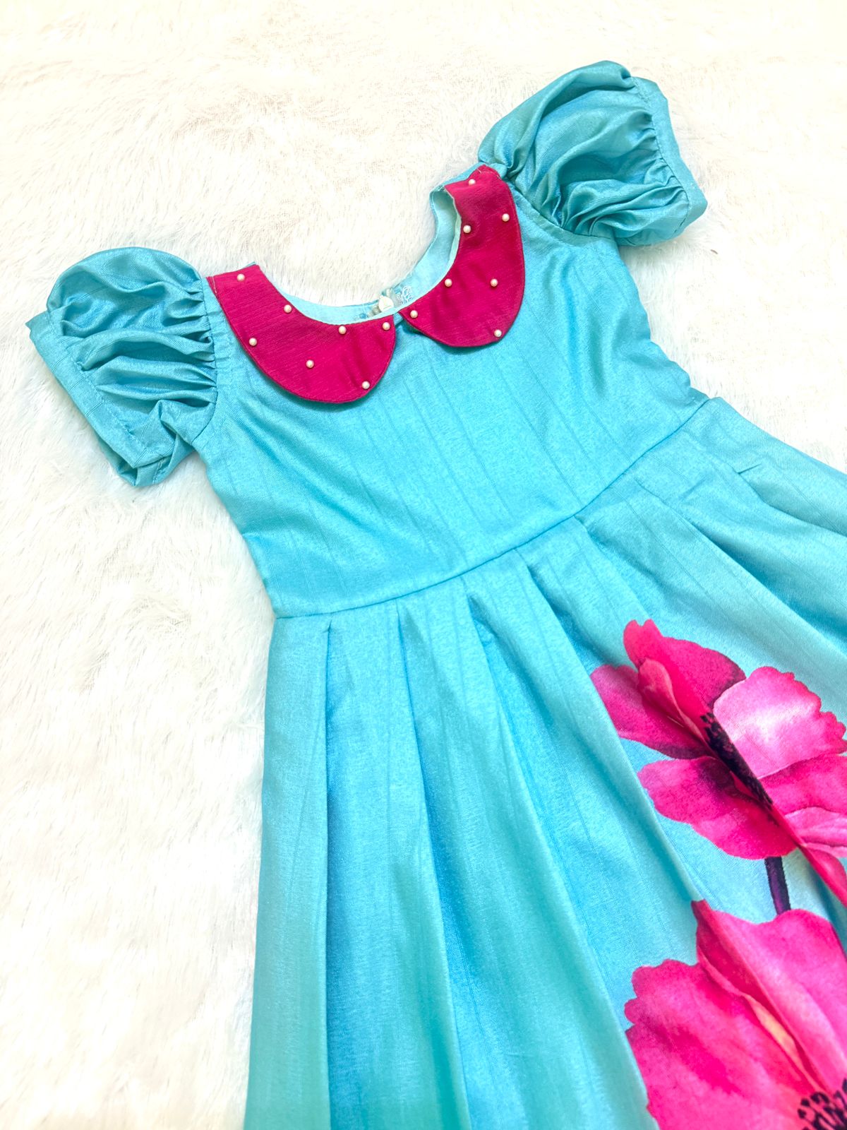 BABY BLOOM -U012-BLUE PINK ASSAM SILK FROCK