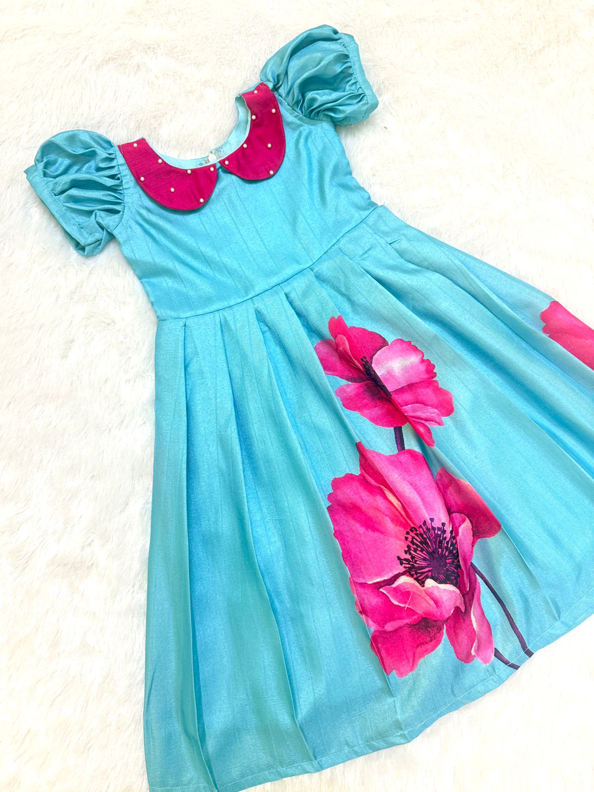 BABY BLOOM -U012-BLUE PINK ASSAM SILK FROCK