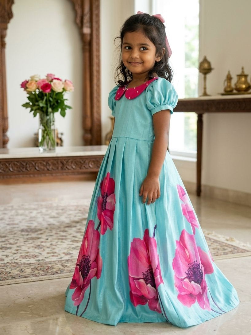 BABY BLOOM -U012-BLUE PINK ASSAM SILK FROCK