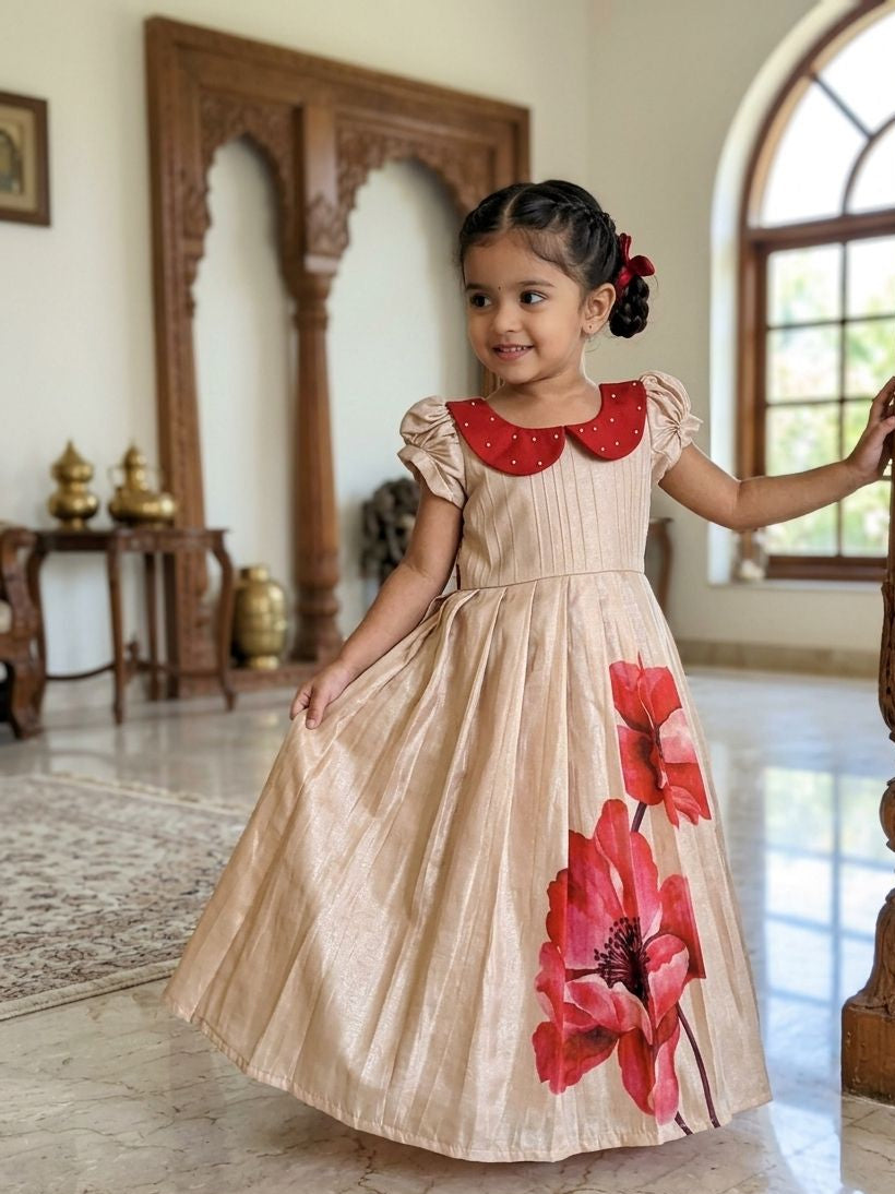 BABY BLOOM -U011-PEACH RED ASSAM SILK FROCK