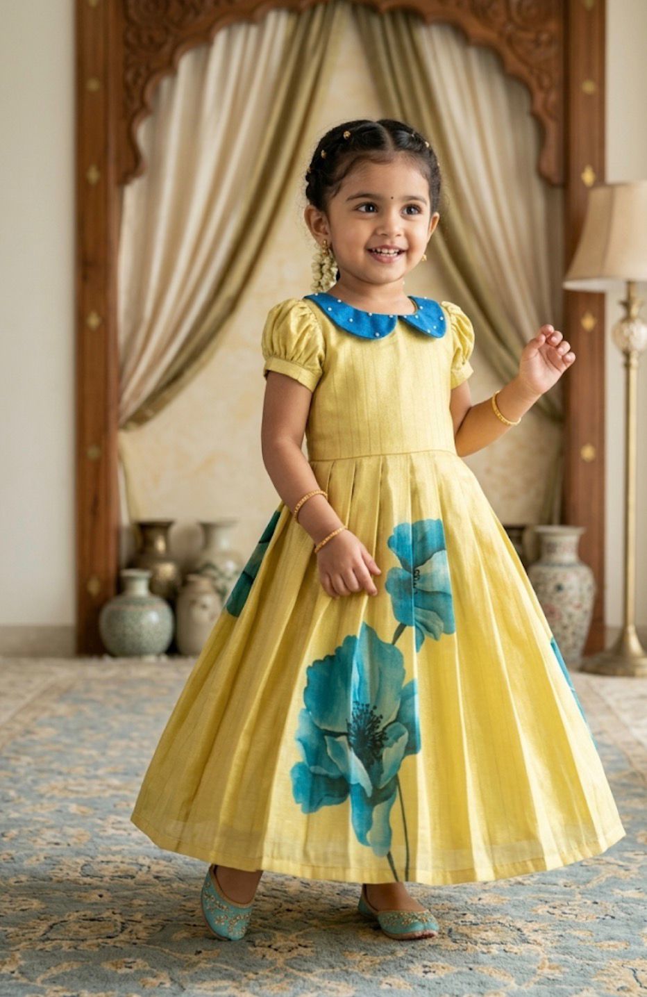 BABY BLOOM -U013-YELLOW BLUE ASSAM SILK FROCK