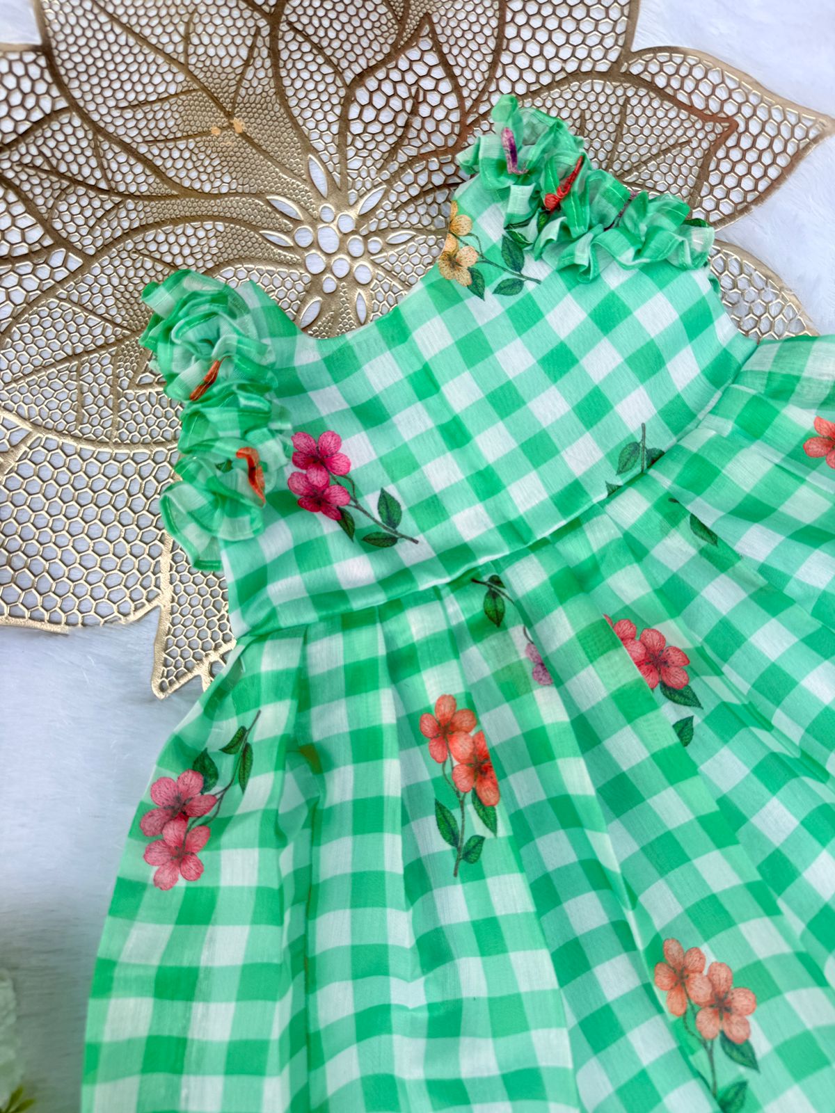 BABY BLOOM S260402-GREEN CHECKED MUL COTTON FROCK