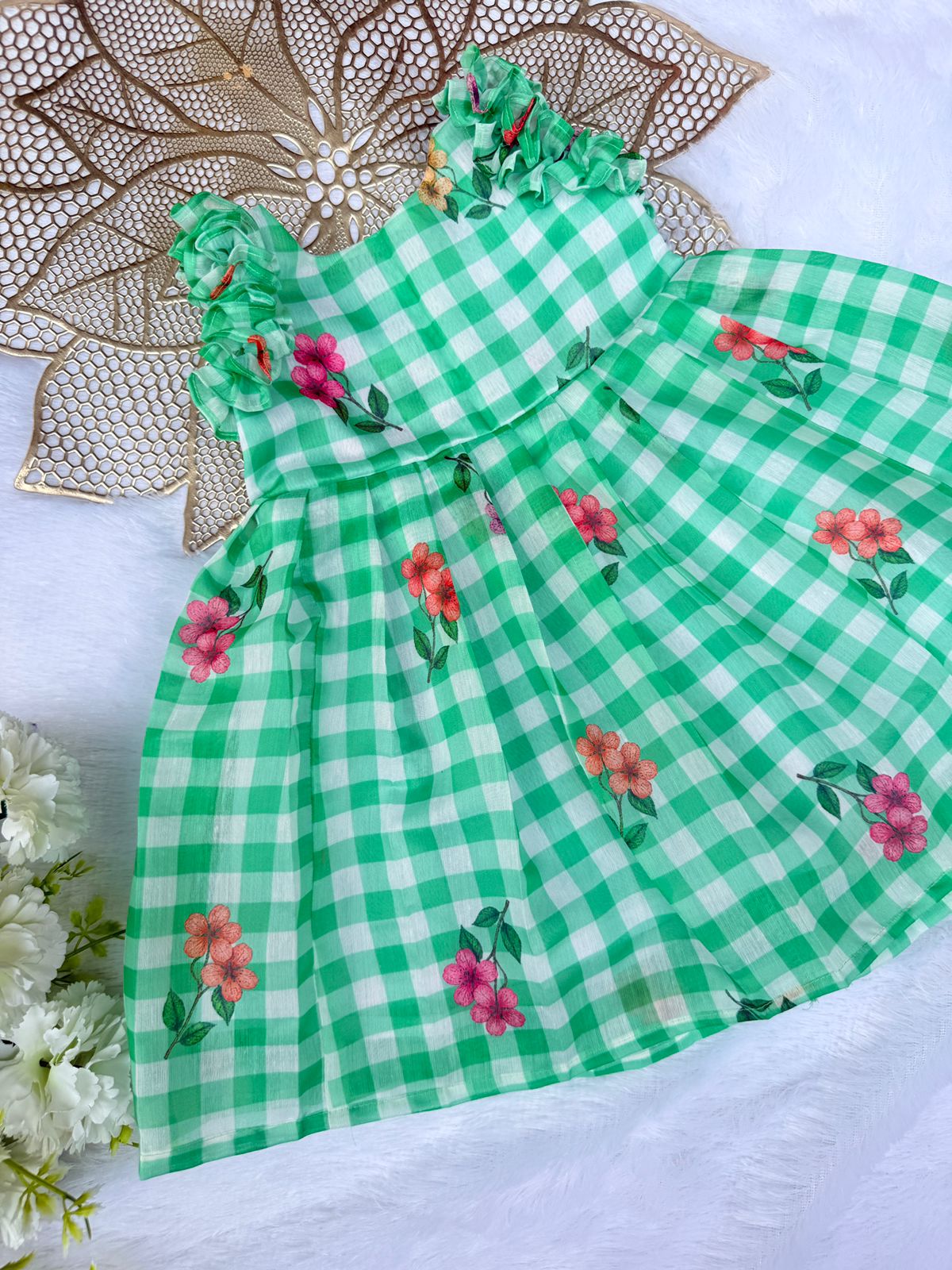 BABY BLOOM S260402-GREEN CHECKED MUL COTTON FROCK