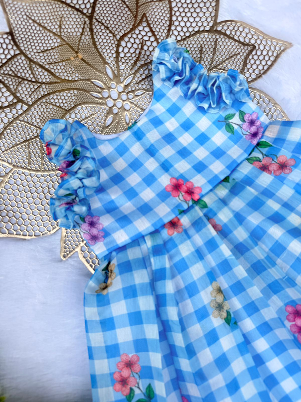 BABY BLOOM S260404-BLUE CHECKED MUL COTTON FROCK