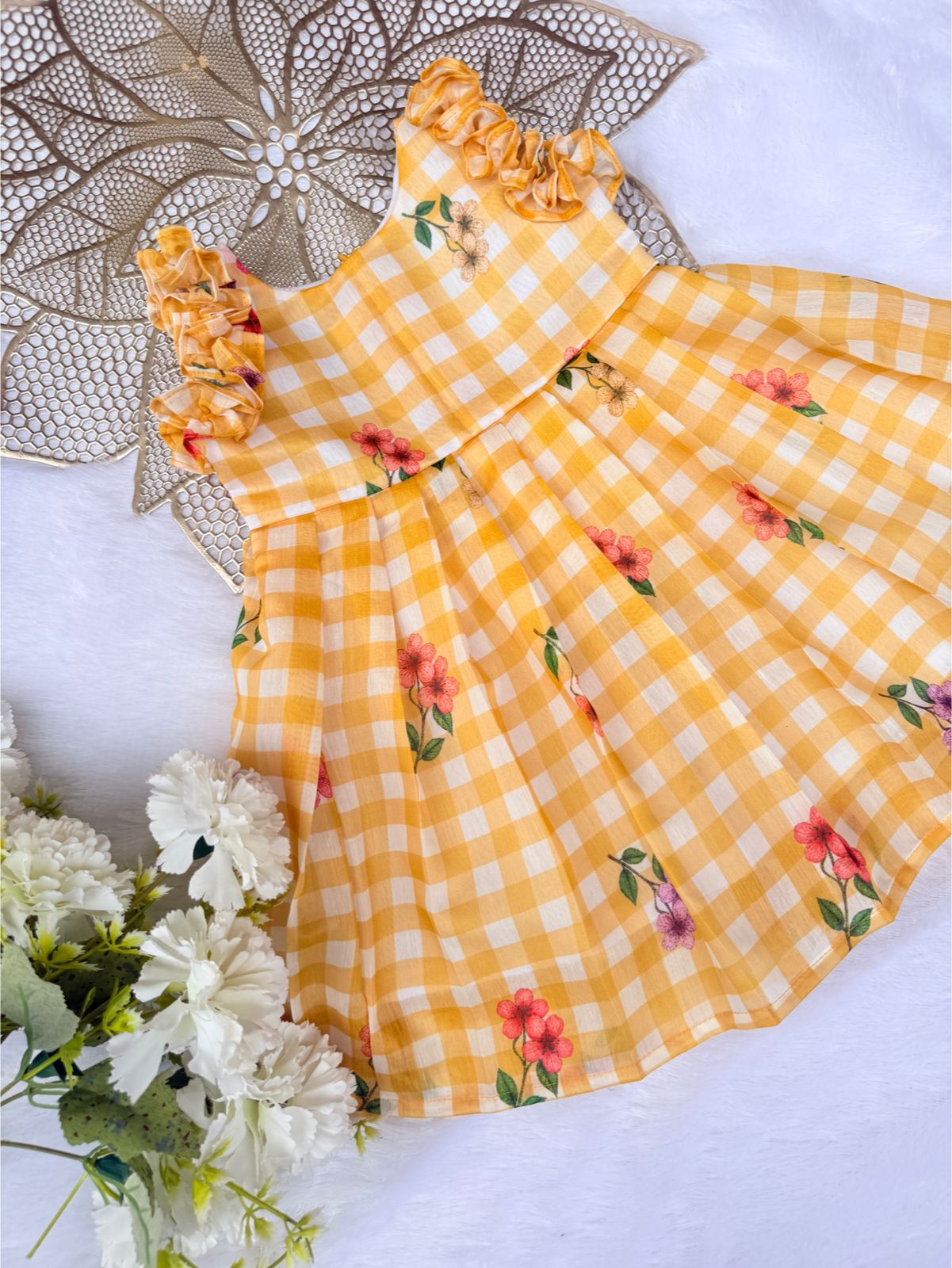 BABY BLOOM S260401-YELLLOW CHECKED MUL COTTON FROCK