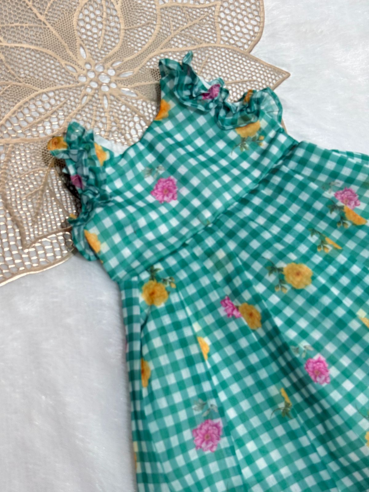 BABY BLOOM S260402-GREEN CHECKED DESIGNER FROCK