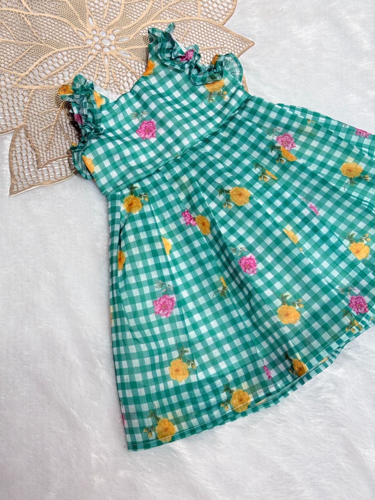 BABY BLOOM S260402-GREEN CHECKED DESIGNER FROCK