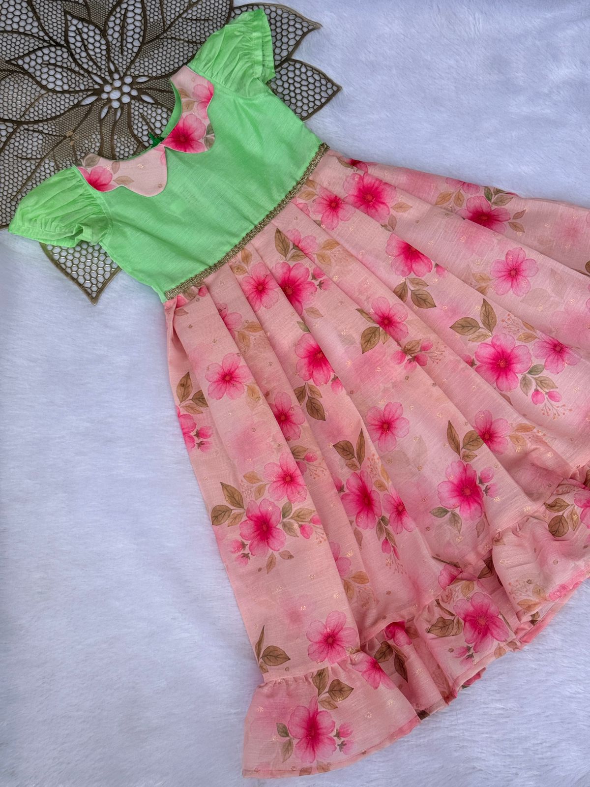 BABY BLOOM- SC906 APPLE GREEN PINK DESIGNER FROCK