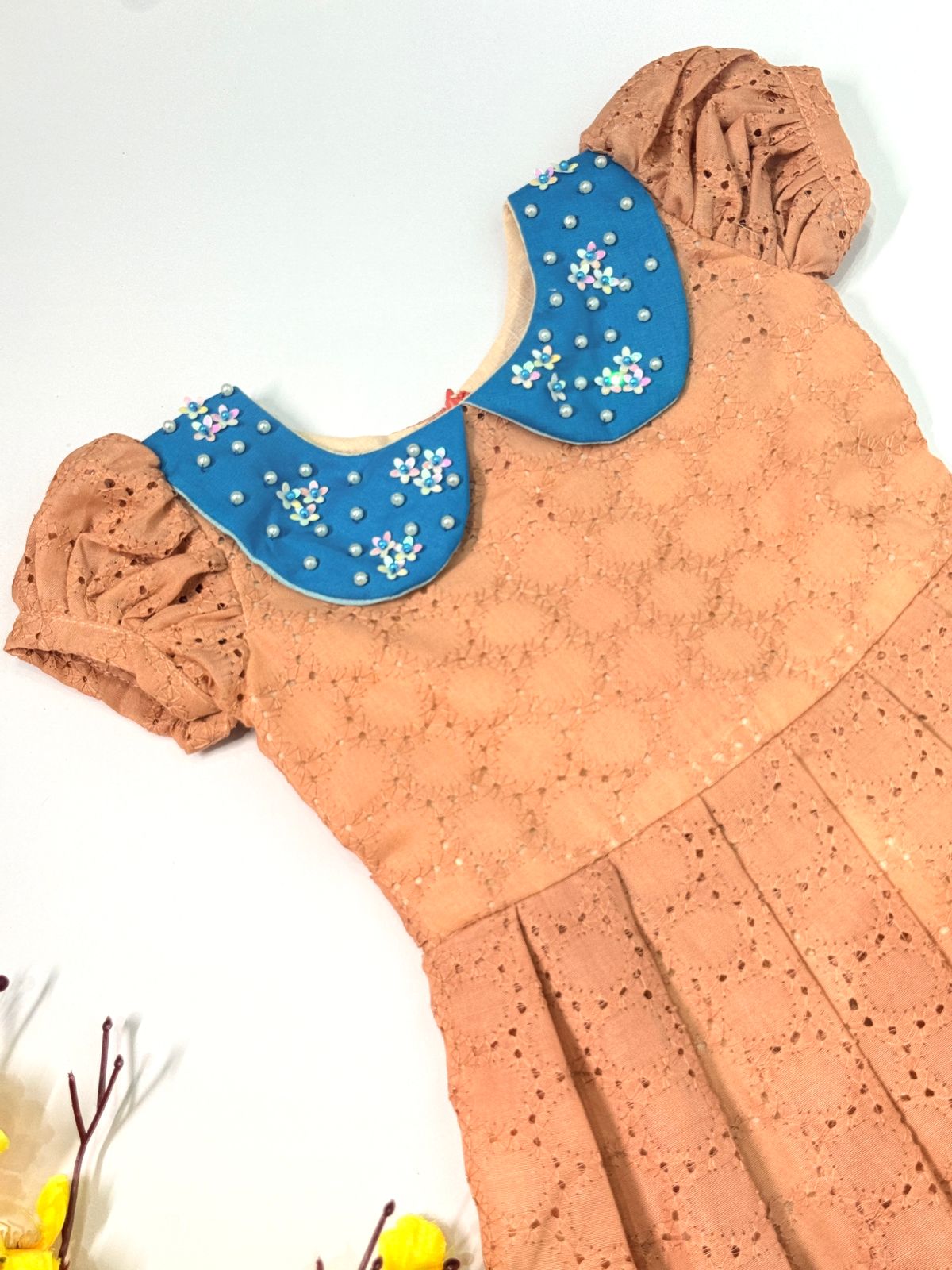 SUNBLUSH-SC914-PEACH AND BLUE BUTTER CUP COLLAR FROCK