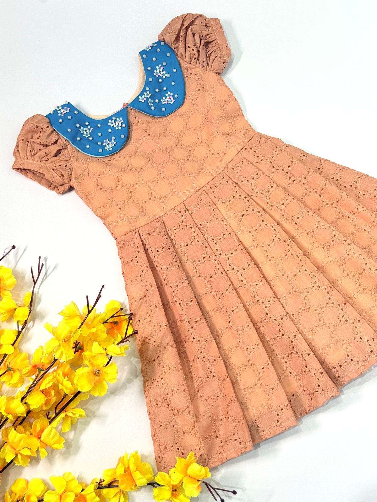 SUNBLUSH-SC914-PEACH AND BLUE BUTTER CUP COLLAR FROCK