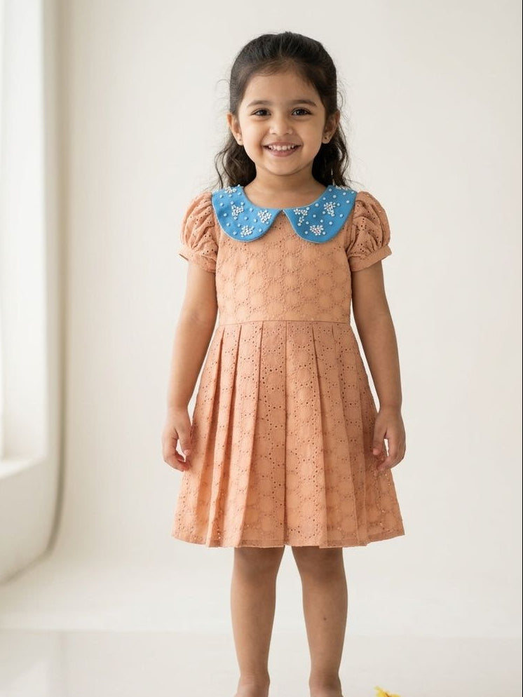 SUNBLUSH-SC914-PEACH AND BLUE BUTTER CUP COLLAR FROCK