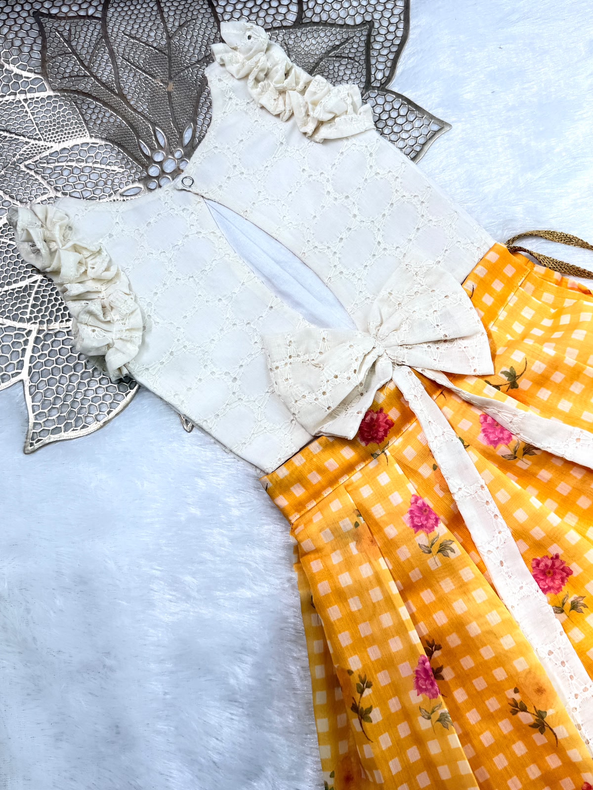 BABY BLOOM -SC915-YELLLOW CHECKED DESIGNER SKIRT WITH OFF WHITE TOP