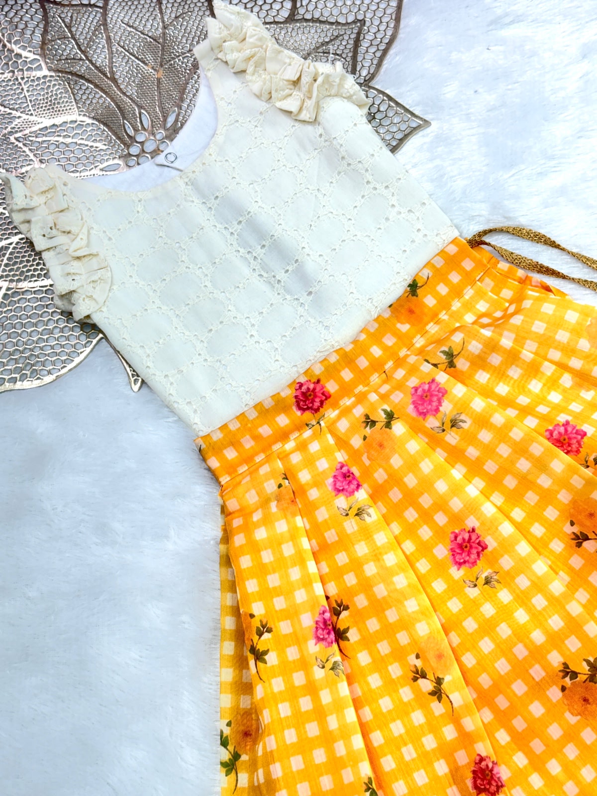 BABY BLOOM -SC915-YELLLOW CHECKED DESIGNER SKIRT WITH OFF WHITE TOP