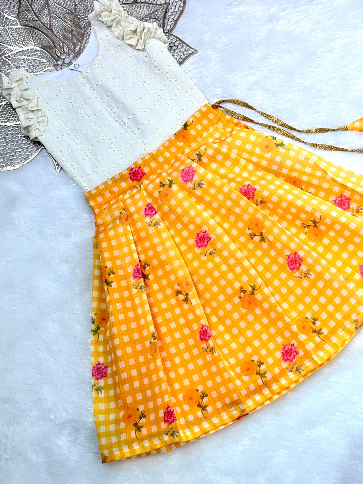 BABY BLOOM -SC915-YELLLOW CHECKED DESIGNER SKIRT WITH OFF WHITE TOP