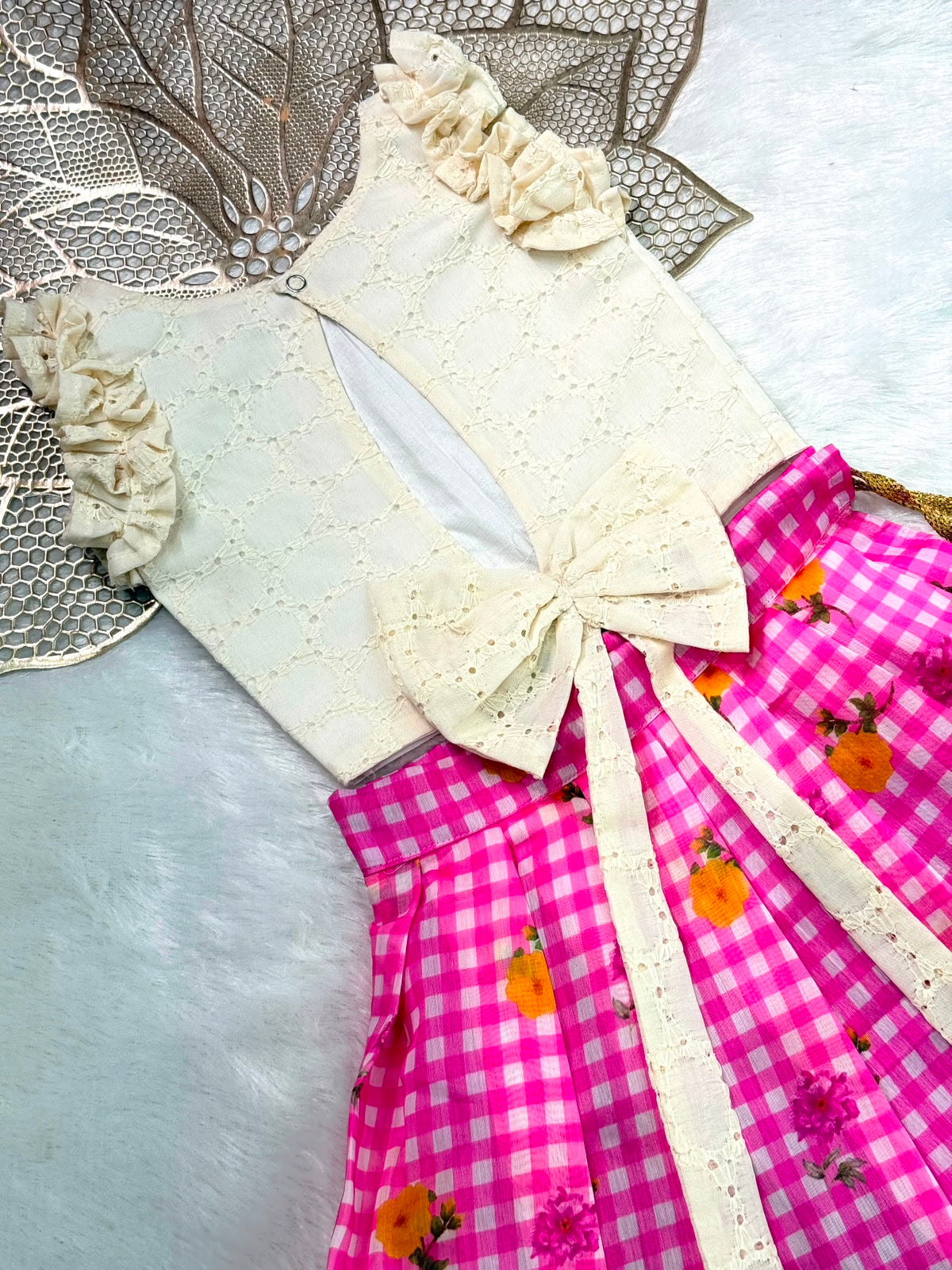 BABY BLOOM -SC918-PINK CHECKED DESIGNER SKIRT WITH OFF WHITE TOP