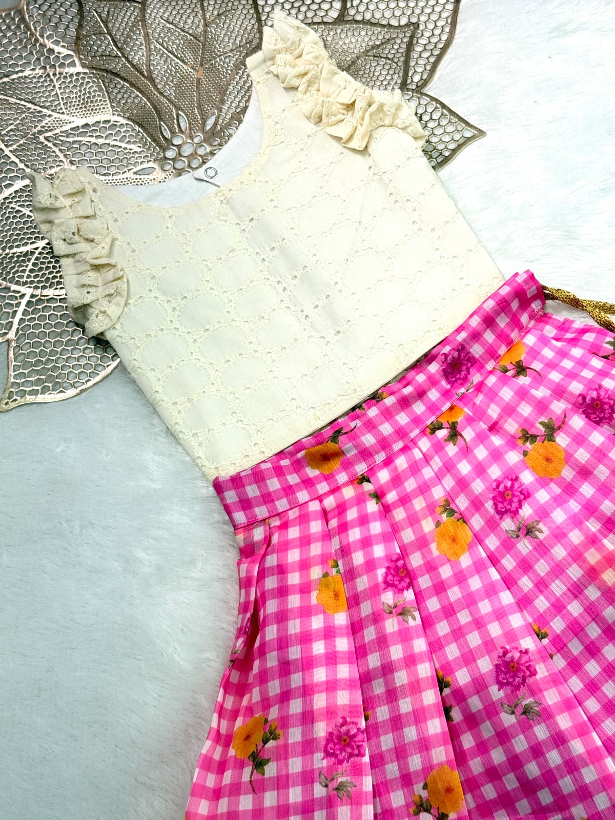 BABY BLOOM -SC918-PINK CHECKED DESIGNER SKIRT WITH OFF WHITE TOP