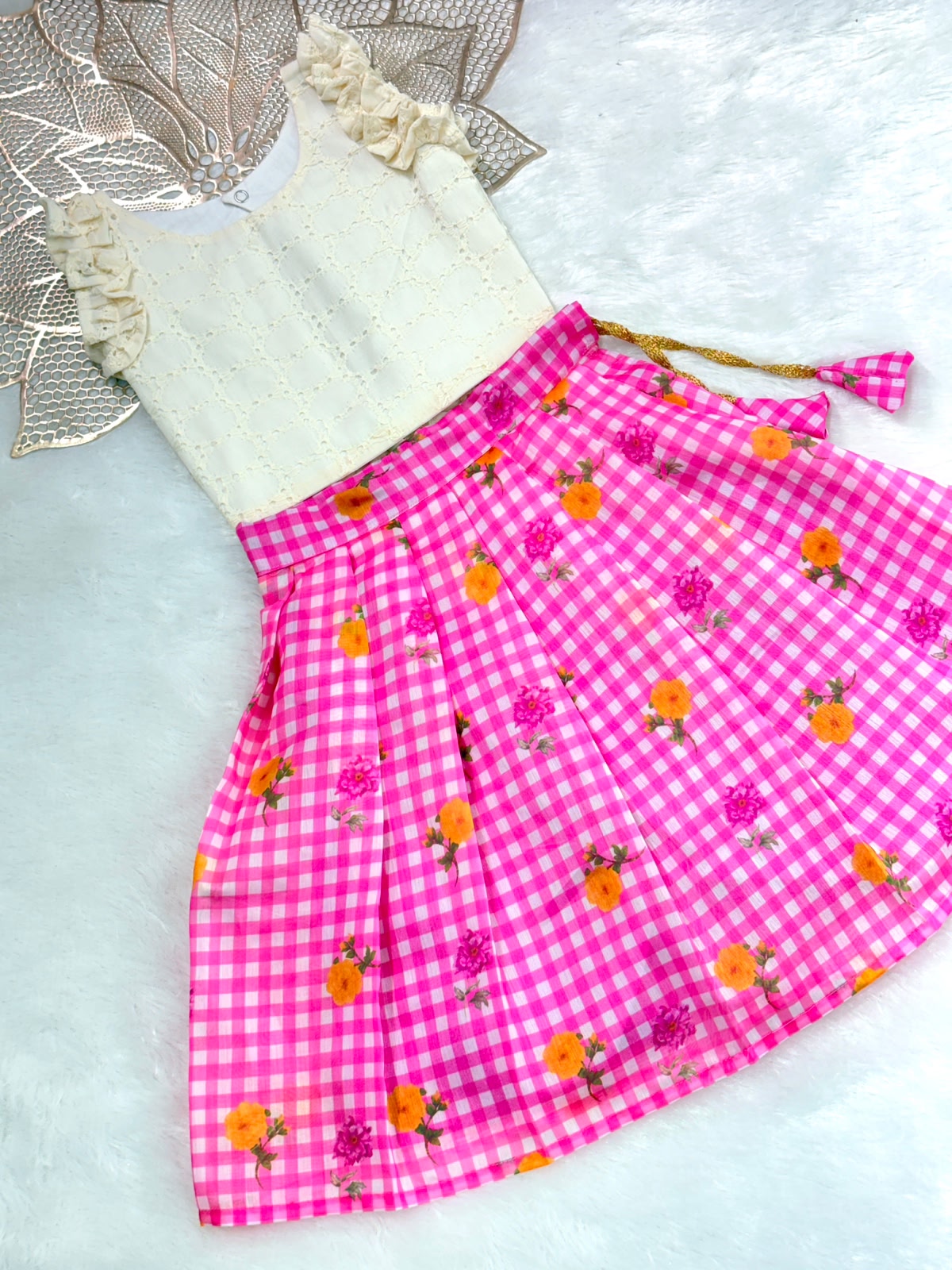 BABY BLOOM -SC918-PINK CHECKED DESIGNER SKIRT WITH OFF WHITE TOP