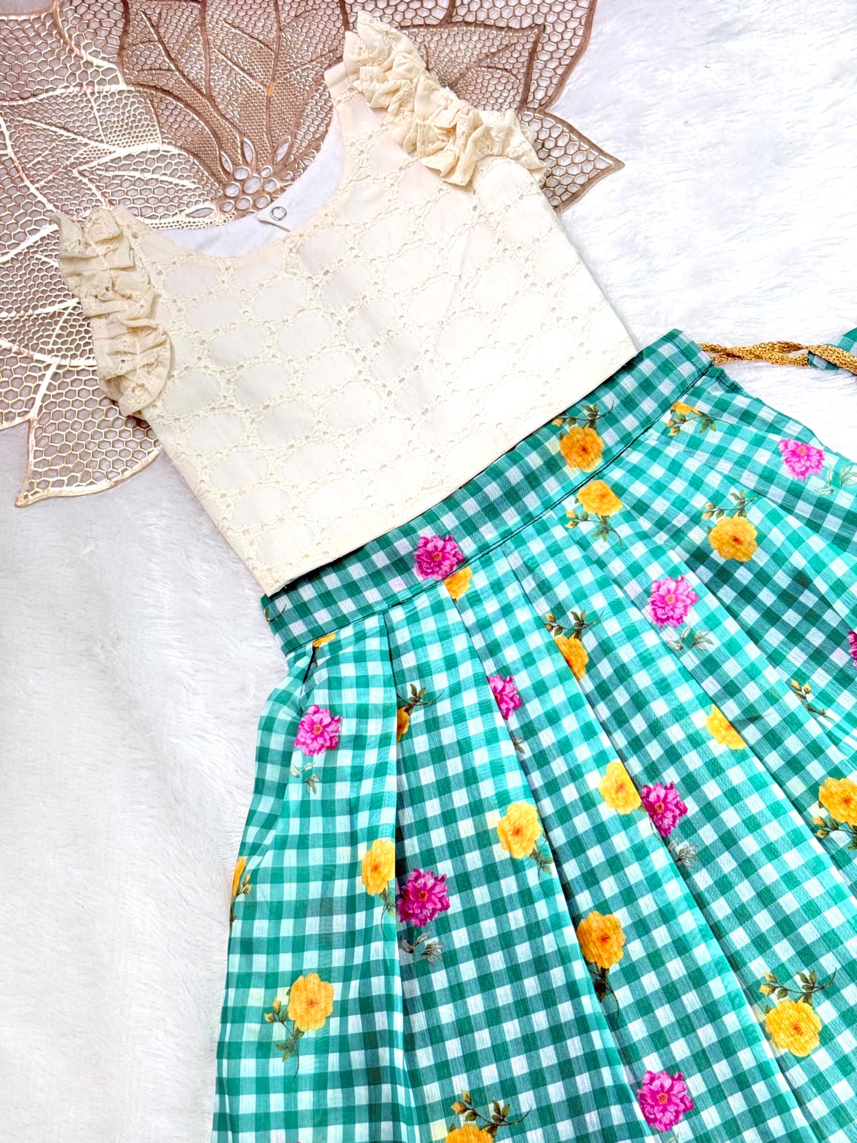 BABY BLOOM -SC917-GREEN CHECKED DESIGNER SKIRT WITH OFF WHITE TOP