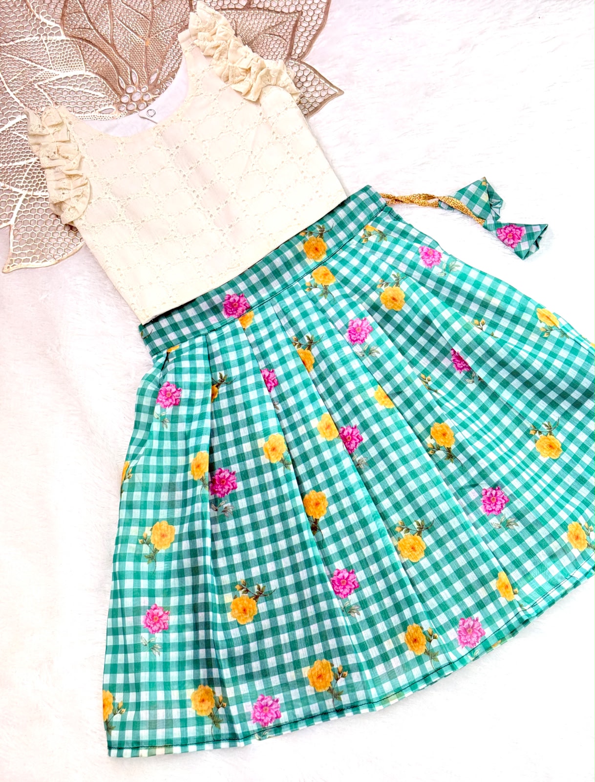 BABY BLOOM -SC917-GREEN CHECKED DESIGNER SKIRT WITH OFF WHITE TOP