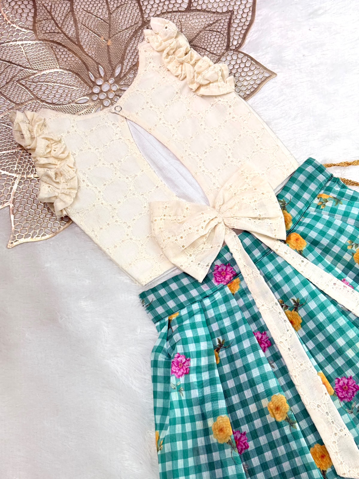 BABY BLOOM -SC917-GREEN CHECKED DESIGNER SKIRT WITH OFF WHITE TOP