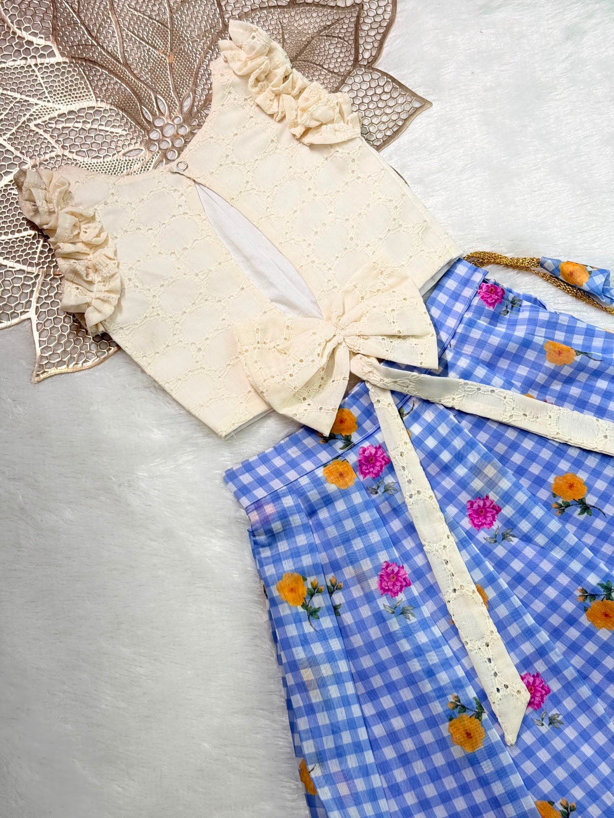BABY BLOOM -SC916-BLUE CHECKED DESIGNER SKIRT WITH OFF WHITE TOP