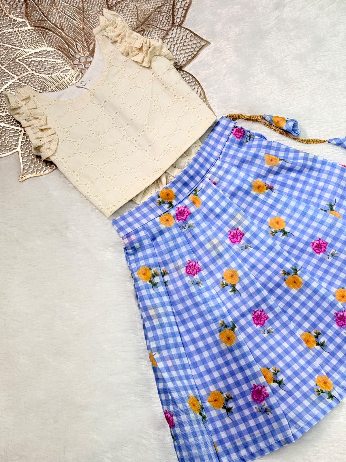 BABY BLOOM -SC916-BLUE CHECKED DESIGNER SKIRT WITH OFF WHITE TOP