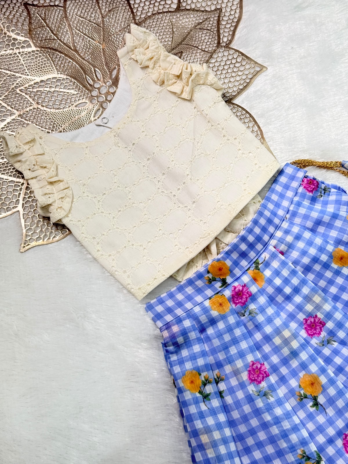 BABY BLOOM -SC916-BLUE CHECKED DESIGNER SKIRT WITH OFF WHITE TOP