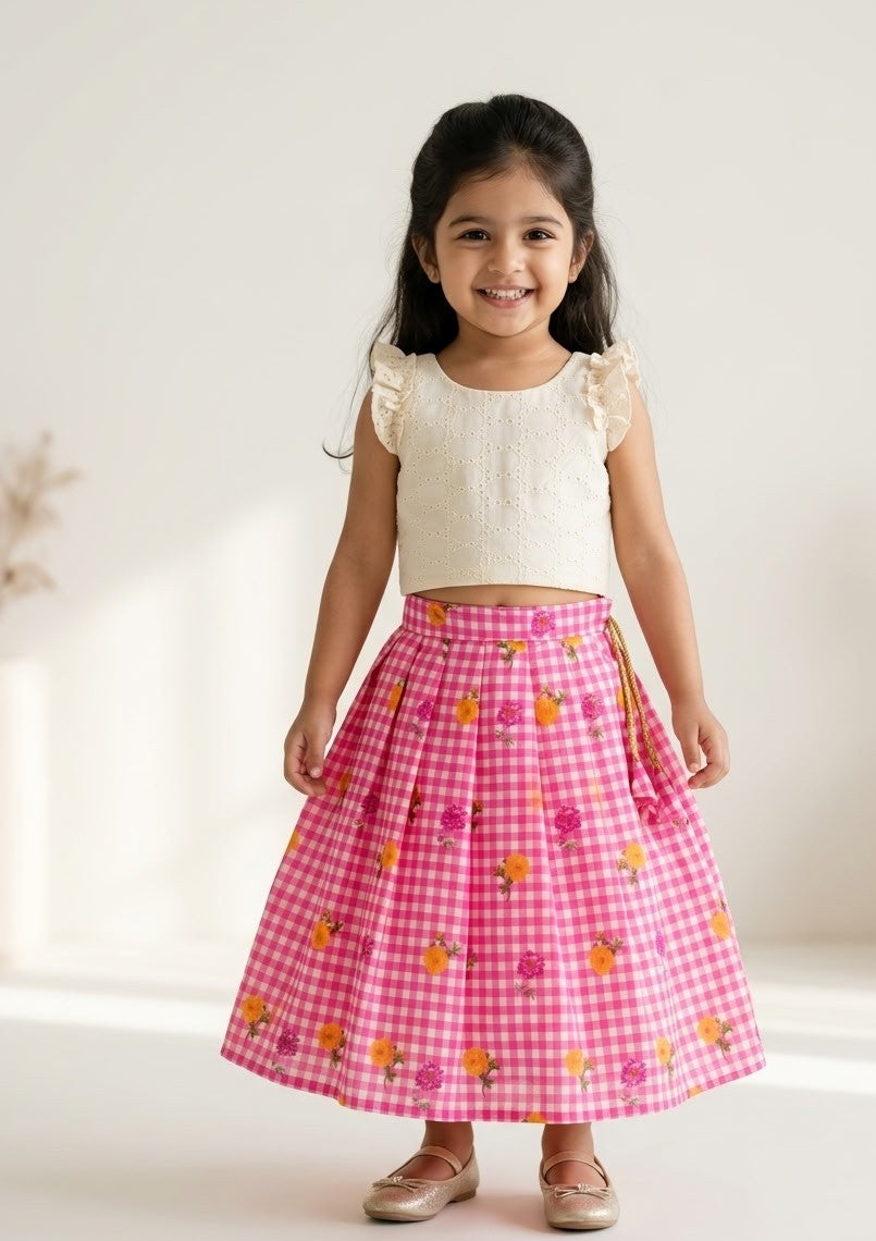 BABY BLOOM -SC918-PINK CHECKED DESIGNER SKIRT WITH OFF WHITE TOP