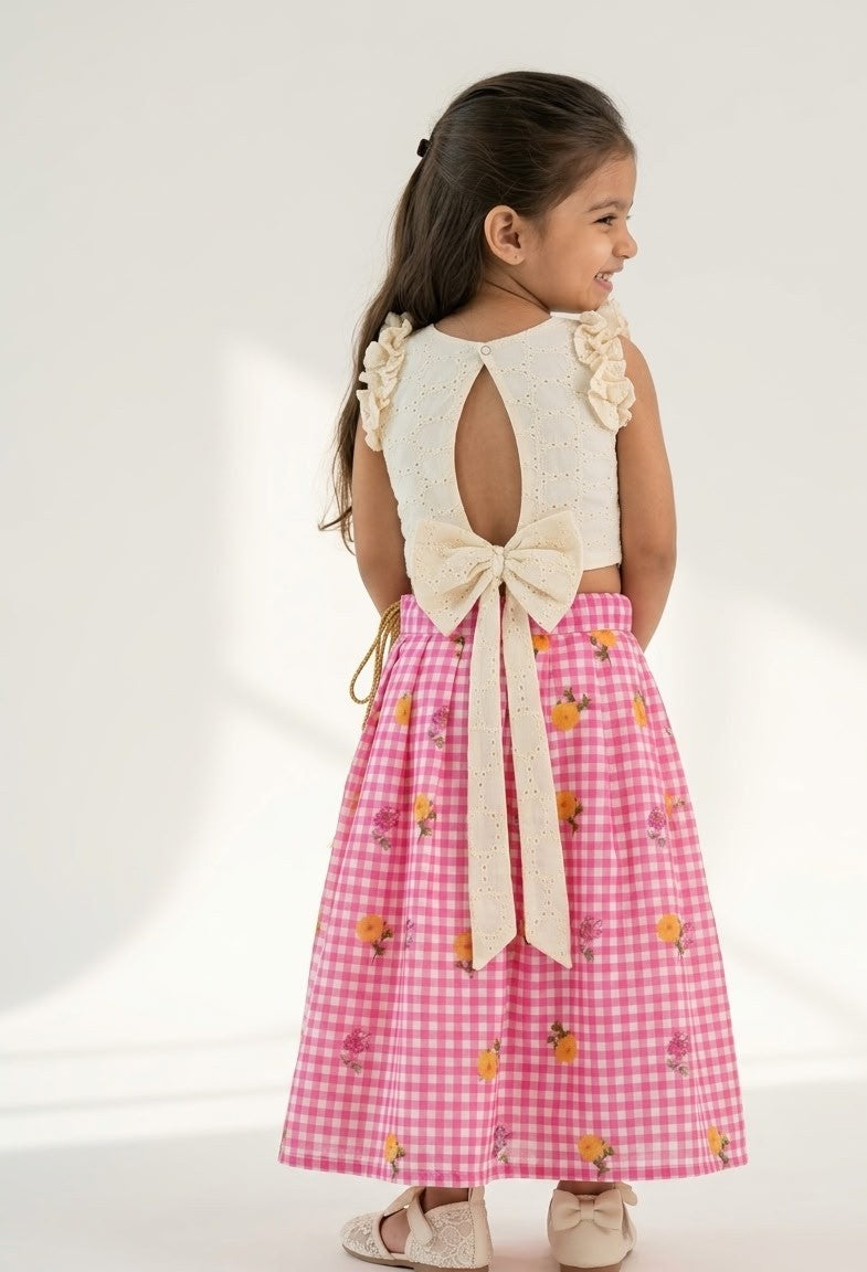 BABY BLOOM -SC918-PINK CHECKED DESIGNER SKIRT WITH OFF WHITE TOP