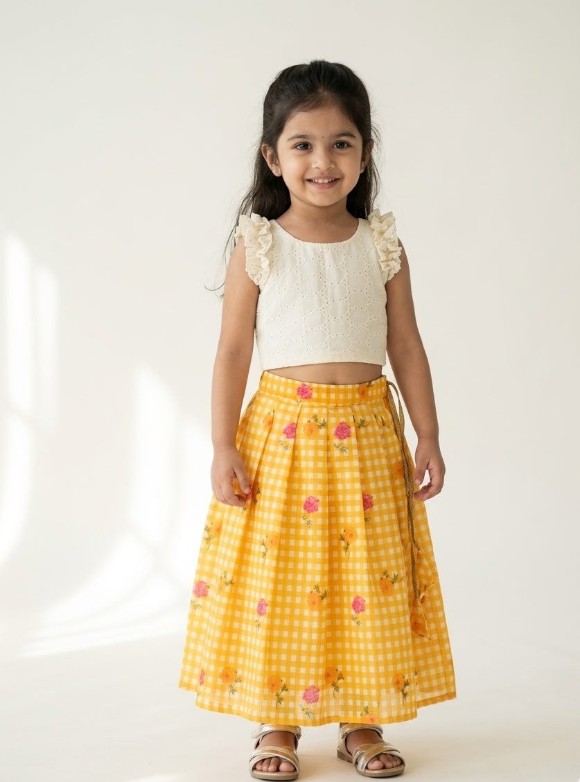 BABY BLOOM -SC915-YELLLOW CHECKED DESIGNER SKIRT WITH OFF WHITE TOP
