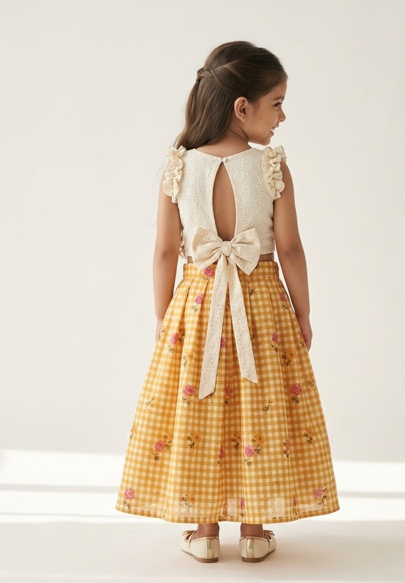 BABY BLOOM -SC915-YELLLOW CHECKED DESIGNER SKIRT WITH OFF WHITE TOP
