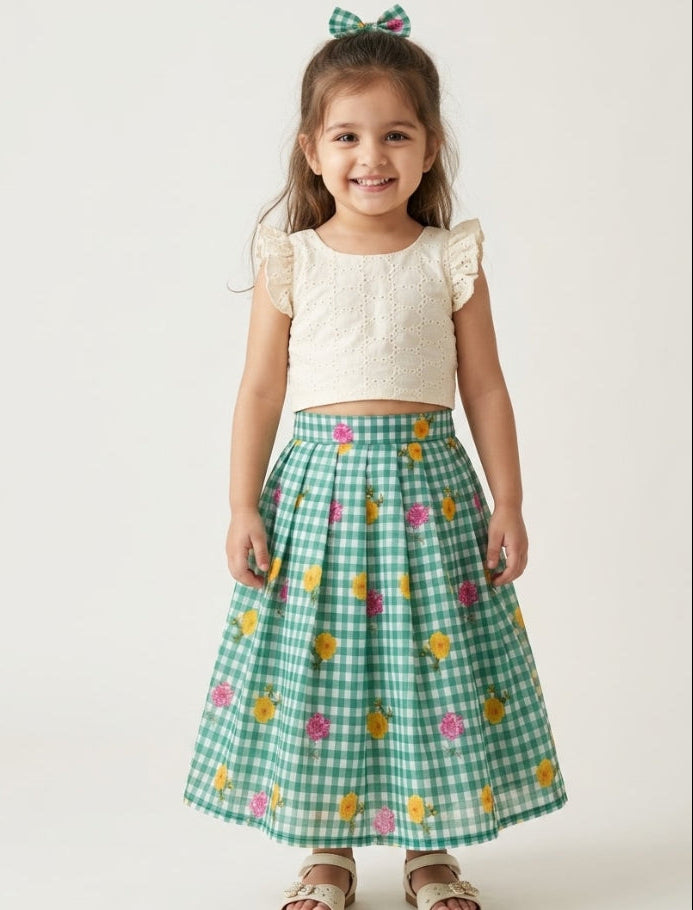 BABY BLOOM -SC917-GREEN CHECKED DESIGNER SKIRT WITH OFF WHITE TOP