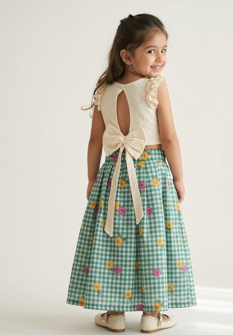 BABY BLOOM -SC917-GREEN CHECKED DESIGNER SKIRT WITH OFF WHITE TOP