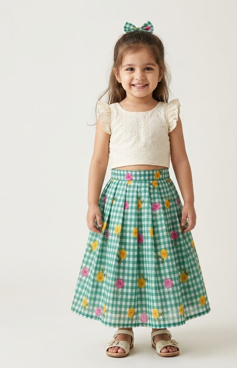 BABY BLOOM -SC917-GREEN CHECKED DESIGNER SKIRT WITH OFF WHITE TOP