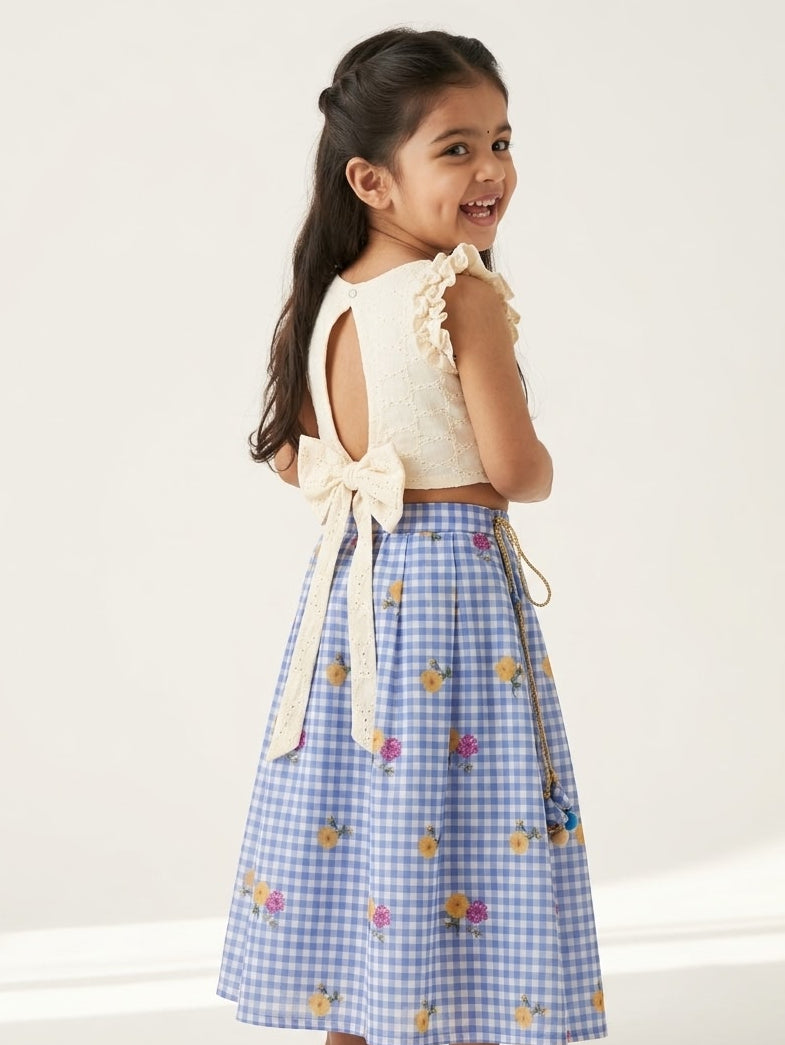 BABY BLOOM -SC916-BLUE CHECKED DESIGNER SKIRT WITH OFF WHITE TOP
