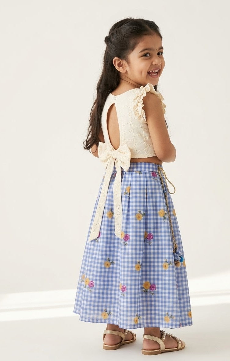 BABY BLOOM -SC916-BLUE CHECKED DESIGNER SKIRT WITH OFF WHITE TOP