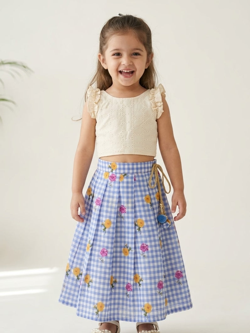BABY BLOOM -SC916-BLUE CHECKED DESIGNER SKIRT WITH OFF WHITE TOP