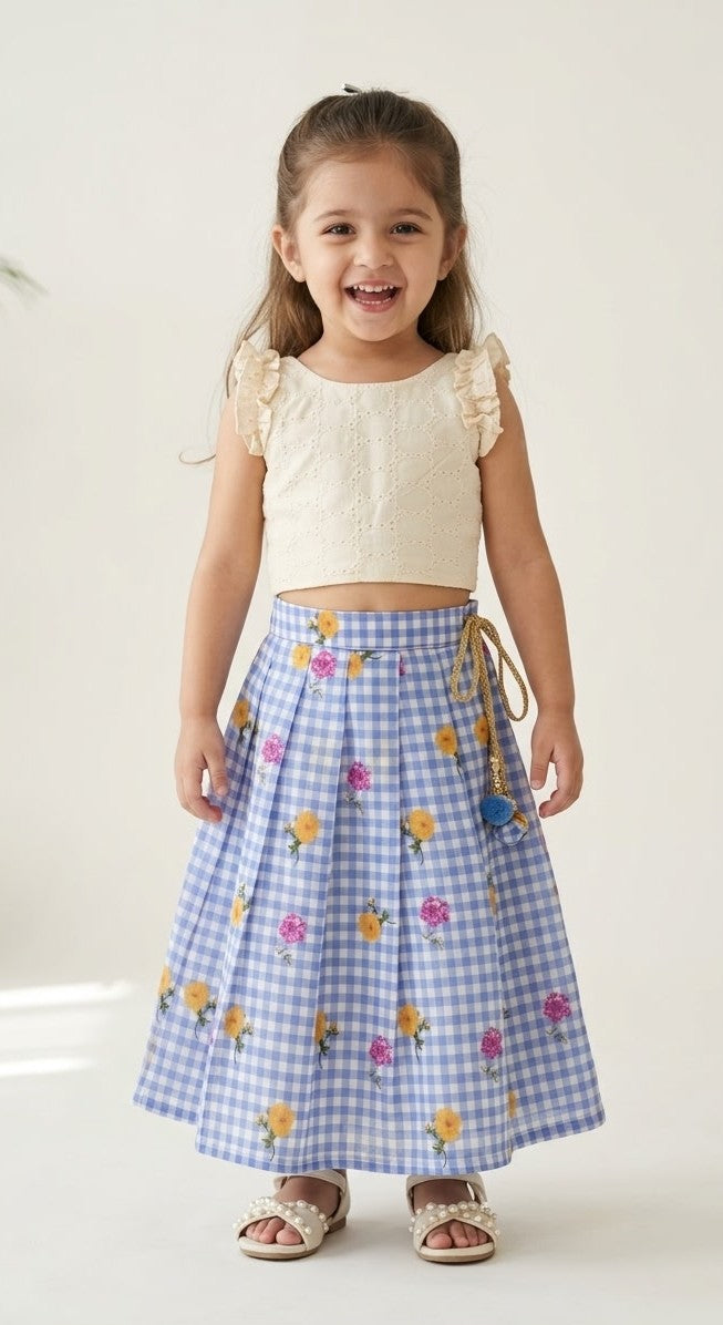 BABY BLOOM -SC916-BLUE CHECKED DESIGNER SKIRT WITH OFF WHITE TOP
