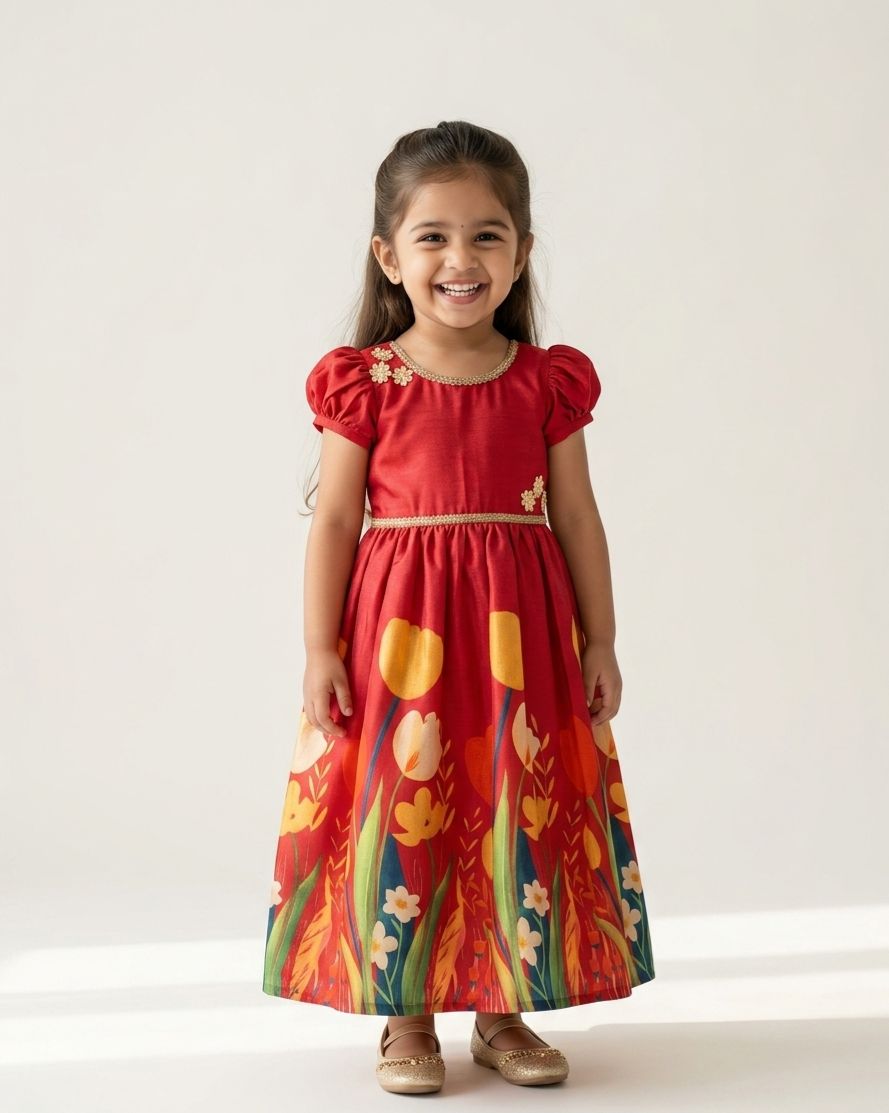 BABY BLOOM- NY017 RED FLORAL DESIGNER FROCK