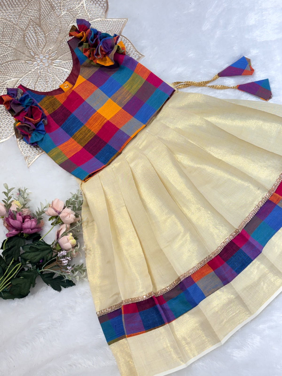 ONAM2026 -O1-RUFFLE MADRAS CHECKS TOP KASAVU SKIRT
