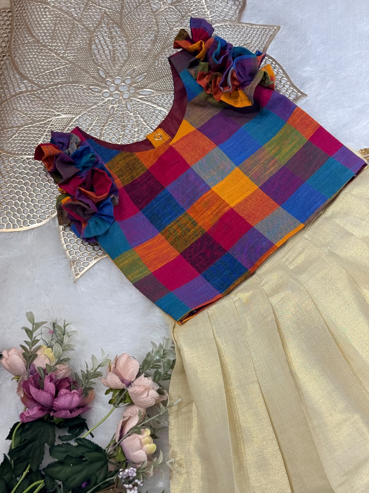 ONAM2026 -O1-RUFFLE MADRAS CHECKS TOP KASAVU SKIRT