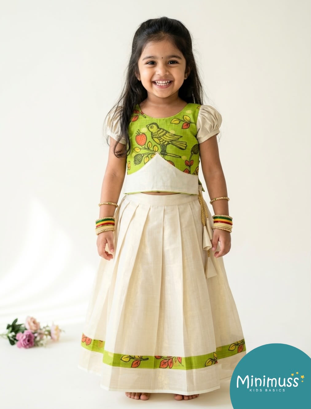 ONAM2026 -O5 - KALAMKARI PARROT GREEN TOP KASAVU SKIRT