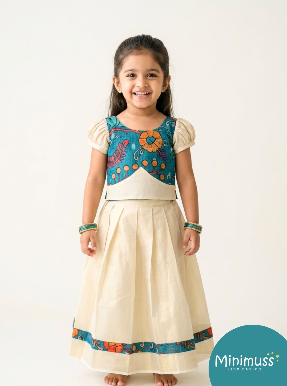 ONAM2026 -O6 - KALAMKARI PEACOCK BLUE TOP KASAVU SKIRT