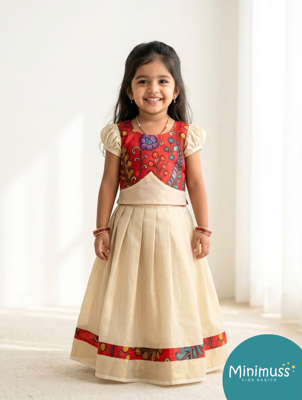 ONAM2026 -O7 - KALAMKARI RED  TOP KASAVU SKIRT