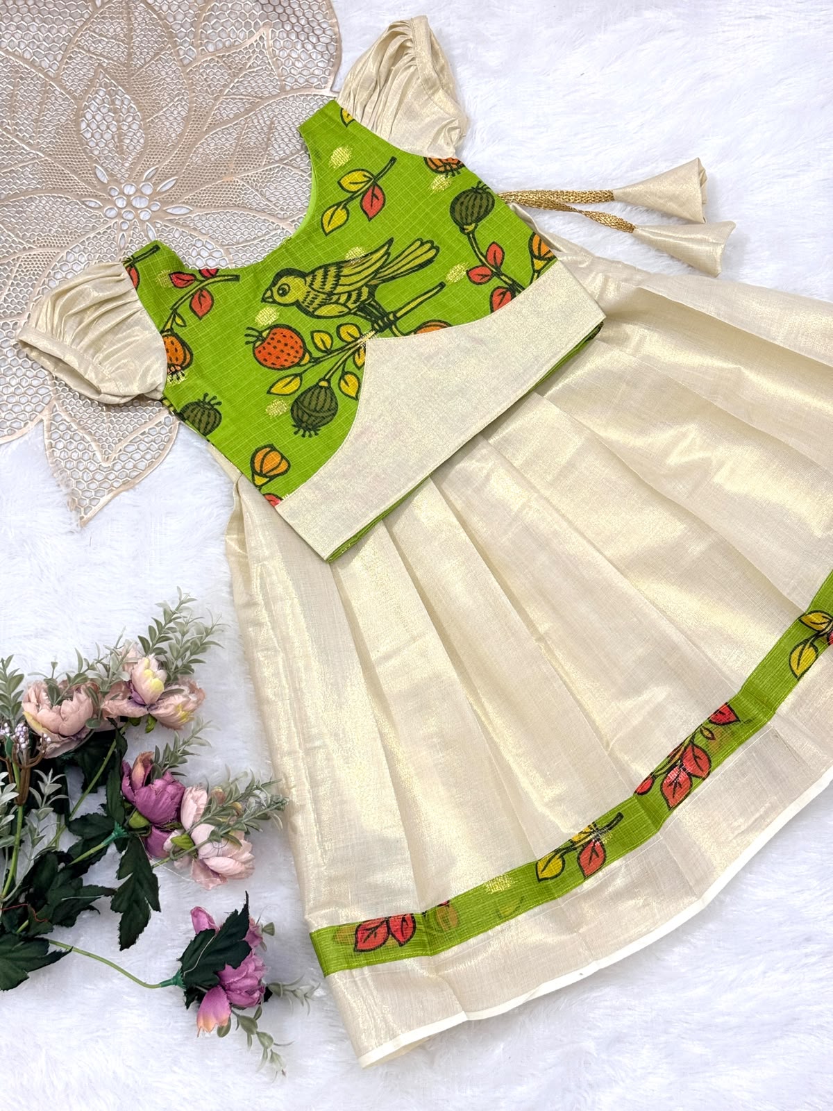 ONAM2026 -O5 - KALAMKARI PARROT GREEN TOP KASAVU SKIRT